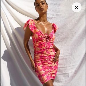 PLT floral ruched frill sleeve dress